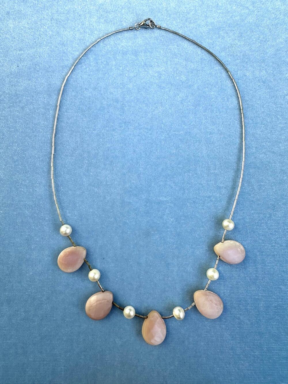 925 Sterling Silver Wire Choker Necklace Pink Rose Quartz Freshwater Pearl